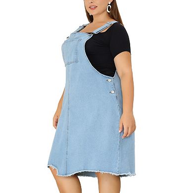 Women's Plus Overall Dresses Frayed Adjustable Strap Irregular Hem Denim Dress