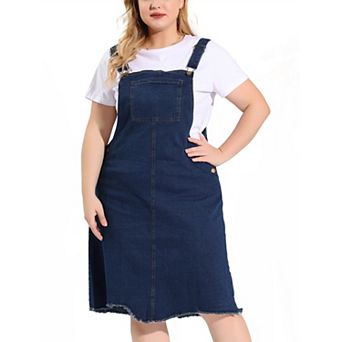 Women's Plus Overall Dresses Frayed Adjustable Strap Irregular Hem Denim Dress