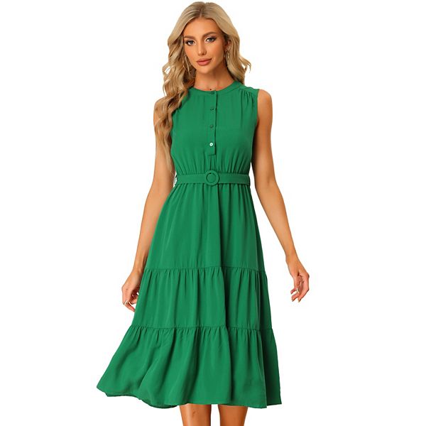 Women's Summer Sleeveless Dress Elastic Waist with Belt Flowy Tiered
