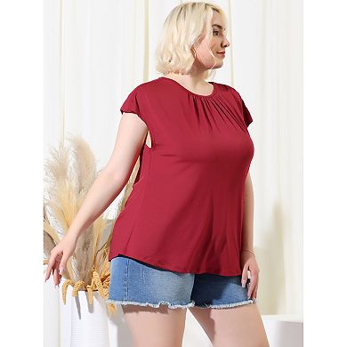 Women's Plus Size Summer Ruched Short Sleeve Round Neck Solid Tops