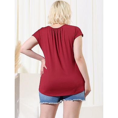 Women's Plus Size Summer Ruched Short Sleeve Round Neck Solid Tops