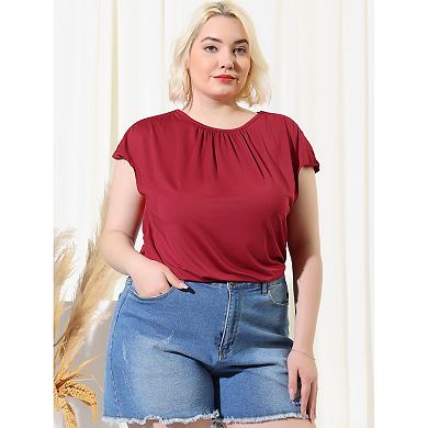 Women's Plus Size Summer Ruched Short Sleeve Round Neck Solid Tops