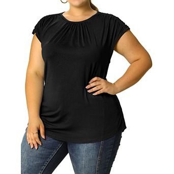 Women's Plus Size Summer Ruched Short Sleeve Round Neck Solid Tops
