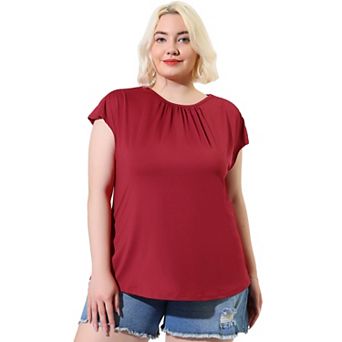 Women's Plus Size Summer Ruched Short Sleeve Round Neck Solid Tops