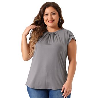 Women's Plus Size Summer Ruched Short Sleeve Round Neck Solid Tops