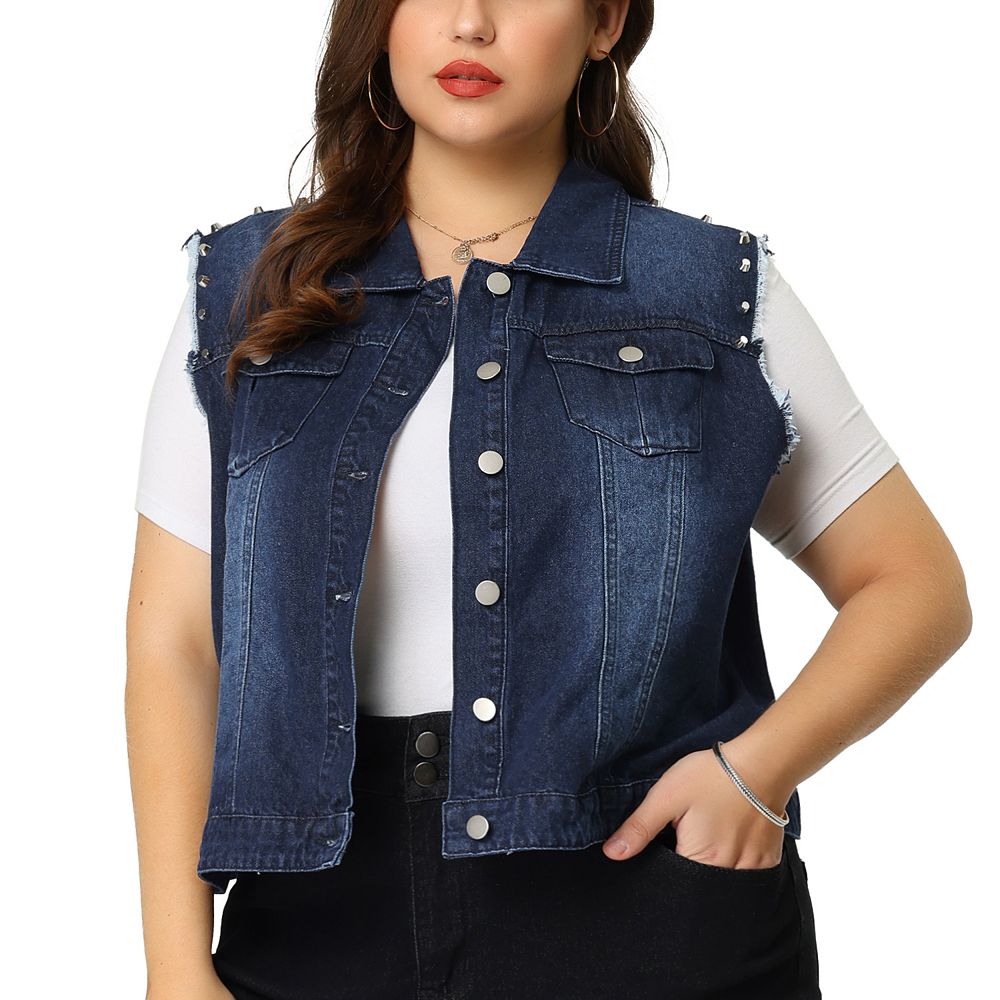 Full Size Sleeveless Frayed Denim Vest Jacket Plus Size