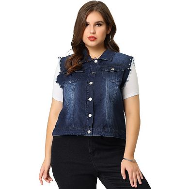 Full Size Sleeveless Frayed Denim Vest Jacket Plus Size