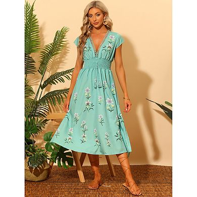Women's Summer Flutter Short Sleeve Smocked Waist Floral Midi Dress
