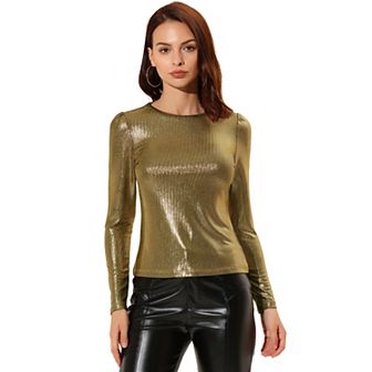 Metallic Shirts For Women's Sparkly Disco Party Shiny Tops