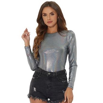 Metallic Shirts For Women's Sparkly Disco Party Shiny Tops