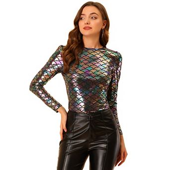 Metallic Shirts For Women's Sparkly Disco Party Shiny Tops