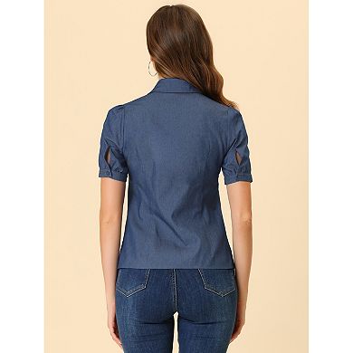 Jean Shirts for Women's Point Collar Short Sleeve Button Down Denim Shirt