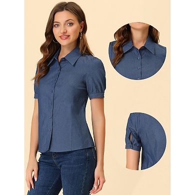 Jean Shirts for Women's Point Collar Short Sleeve Button Down Denim Shirt