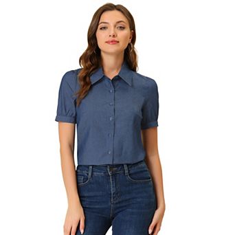 Jean Shirts for Women's Point Collar Short Sleeve Button Down Denim Shirt