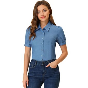 Jean Shirts for Women's Point Collar Short Sleeve Button Down Denim Shirt