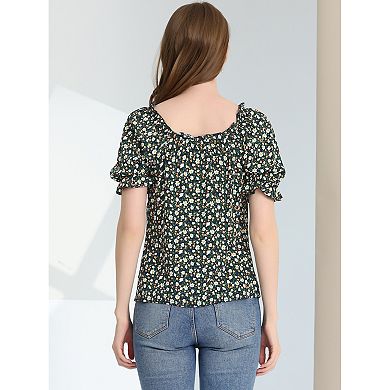 Women's Sweetheart Neck Raglan Sleeve Retro Ruffle Floral Tops