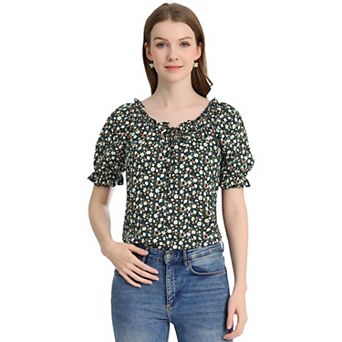 Women's Sweetheart Neck Raglan Sleeve Retro Ruffle Floral Tops