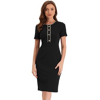 Women's Work Business Tweed Trim Round Neck Short Sleeve Sheath Dresses