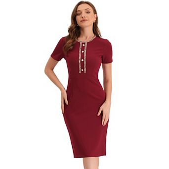 Women's Work Business Tweed Trim Round Neck Short Sleeve Sheath Dresses