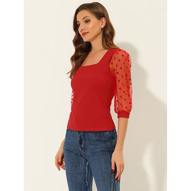 Women's Retro Square Neck Tops Slim Fit Semi Sheer 3/4 Mesh Sleeve Top