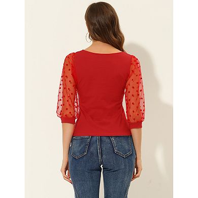 Women's Retro Square Neck Tops Slim Fit Semi Sheer 3/4 Mesh Sleeve Top