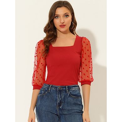 Women's Retro Square Neck Tops Slim Fit Semi Sheer 3/4 Mesh Sleeve Top