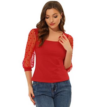 Women's Retro Square Neck Tops Slim Fit Semi Sheer 3/4 Mesh Sleeve Top