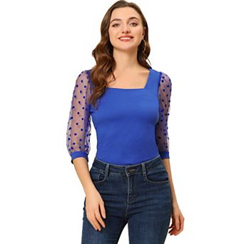 Women's Retro Square Neck Tops Slim Fit Semi Sheer 3/4 Mesh Sleeve Top