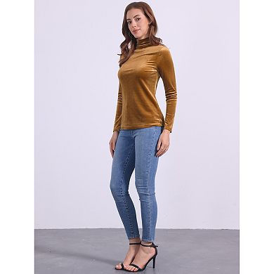 Women's Turtleneck Velvet Top Long Sleeve Work Shirts Basic Velour Blouse