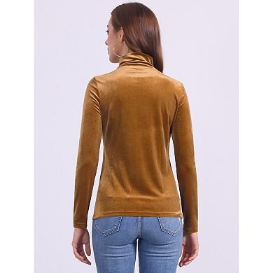 Women's Turtleneck Velvet Top Long Sleeve Work Shirts Basic Velour Blouse