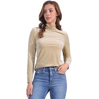 Women's Turtleneck Velvet Top Long Sleeve Work Shirts Basic Velour Blouse