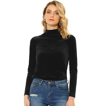 Women's Turtleneck Velvet Top Long Sleeve Work Shirts Basic Velour Blouse