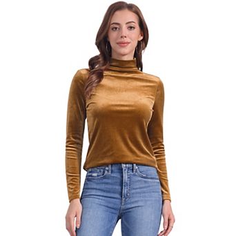 Women's Turtleneck Velvet Top Long Sleeve Work Shirts Basic Velour Blouse