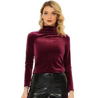 Women's Turtleneck Velvet Top Long Sleeve Work Shirts Basic Velour Blouse