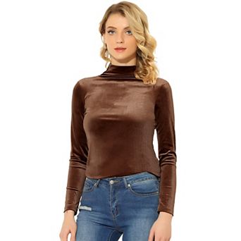 Women's Turtleneck Velvet Top Long Sleeve Work Shirts Basic Velour Blouse