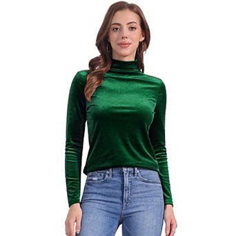 Women's Turtleneck Velvet Top Long Sleeve Work Shirts Basic Velour Blouse