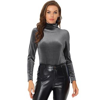 Women's Turtleneck Velvet Top Long Sleeve Work Shirts Basic Velour Blouse