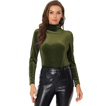 Women's Turtleneck Velvet Top Long Sleeve Work Shirts Basic Velour Blouse