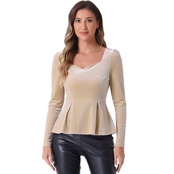 Women's Elegant Sweetheart Neck Long Sleeve Peplum Velvet Blouse