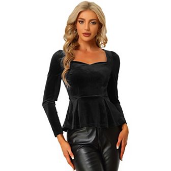 Women's Elegant Sweetheart Neck Long Sleeve Peplum Velvet Blouse