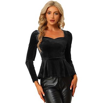 Women's Elegant Sweetheart Neck Long Sleeve Peplum Velvet Blouse