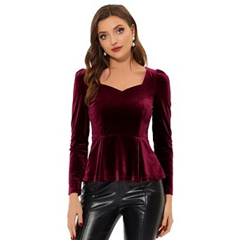 Women's Elegant Sweetheart Neck Long Sleeve Peplum Velvet Blouse