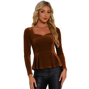 Women's Elegant Sweetheart Neck Long Sleeve Peplum Velvet Blouse