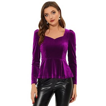 Women's Elegant Sweetheart Neck Long Sleeve Peplum Velvet Blouse