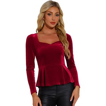 Women's Elegant Sweetheart Neck Long Sleeve Peplum Velvet Blouse