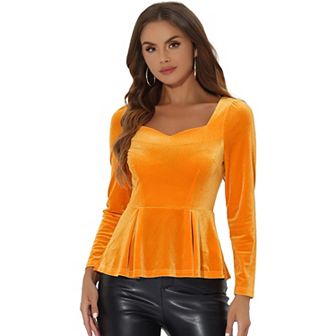 Women's Elegant Sweetheart Neck Long Sleeve Peplum Velvet Blouse