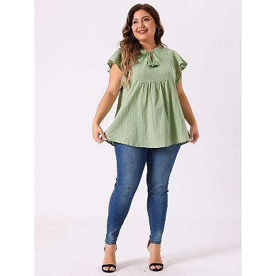Women's Plus Size Peplum Babydoll Tie V Neck Ruffle Flowy Tunic Top