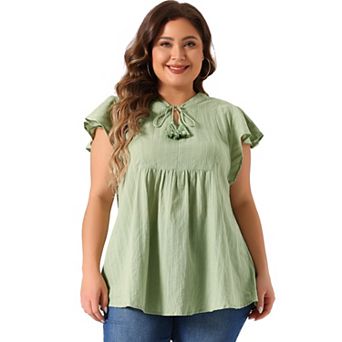 Women's Plus Size Peplum Babydoll Tie V Neck Ruffle Flowy Tunic Top
