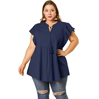Women's Plus Size Peplum Babydoll Tie V Neck Ruffle Flowy Tunic Top