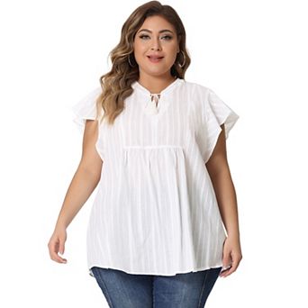 Women's Plus Size Peplum Babydoll Tie V Neck Ruffle Flowy Tunic Top